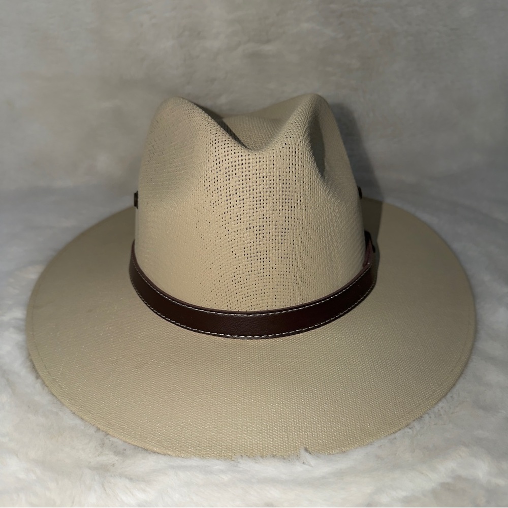 H023 Stylish Cream Fedora Hat with Brown Band
